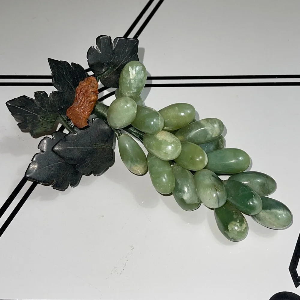 Chinese Green Stone Grapes w/ Carved Jade‎ Leaves Fruit MCM Midcentury VTG